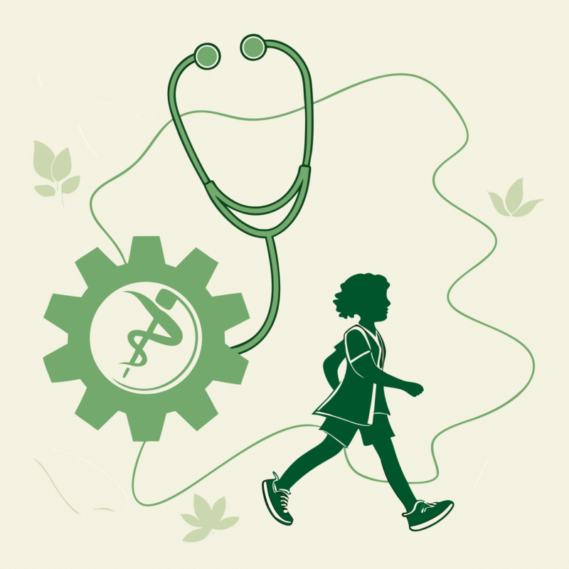 Stylized illustration of medical symbols with therapy scene for SovDoc, a healthcare M&A firm specializing in pediatric physical therapy practice mergers and acquisitions compliance advisory services.
