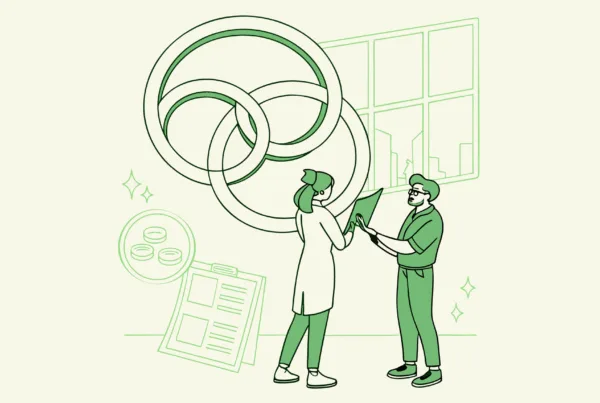 Stylized illustration depicting collaboration in healthcare M&A - SovDoc advisors facilitating School and Community-Based ABA practice mergers, representing compliance considerations in healthcare acquisitions.