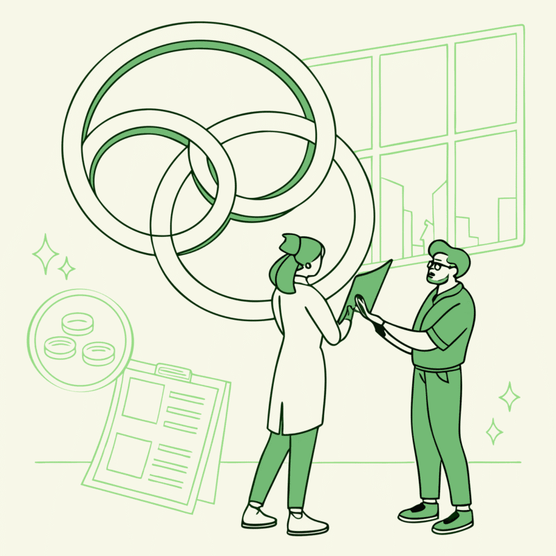 Stylized illustration depicting collaboration in healthcare M&A - SovDoc advisors facilitating School and Community-Based ABA practice mergers, representing compliance considerations in healthcare acquisitions.