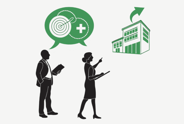 Illustration showing business figures discussing skilled nursing facility acquisitions with SovDoc, representing healthcare M&A advisors facilitating successful SNF mergers and growth opportunities in medical practice transactions.