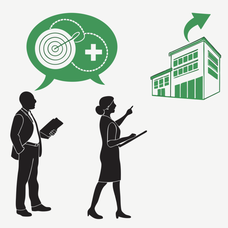 Illustration showing business figures discussing skilled nursing facility acquisitions with SovDoc, representing healthcare M&A advisors facilitating successful SNF mergers and growth opportunities in medical practice transactions.