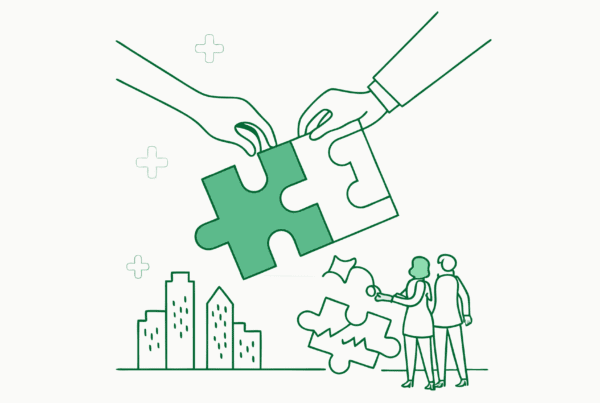 Minimalist illustration of puzzle pieces forming a medical cross with collaborative hands, representing SovDoc's M&A advisory services for Clinic-Based ABA Therapy practices, showing how the right expertise connects all pieces in healthcare practice mergers and acquisitions.