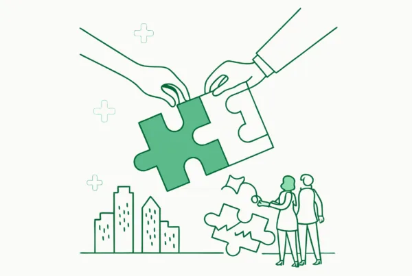 Minimalist illustration of puzzle pieces forming a medical cross with collaborative hands, representing SovDoc's M&A advisory services for Clinic-Based ABA Therapy practices, showing how the right expertise connects all pieces in healthcare practice mergers and acquisitions.