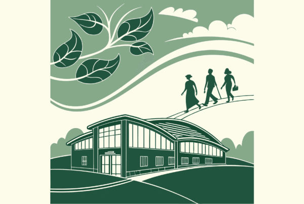 Abstract green illustration representing hospice care advisor collaboration in mergers and acquisitions. SovDoc healthcare M&A services connect medical practices with essential CPA and financial advisors through the transition process.