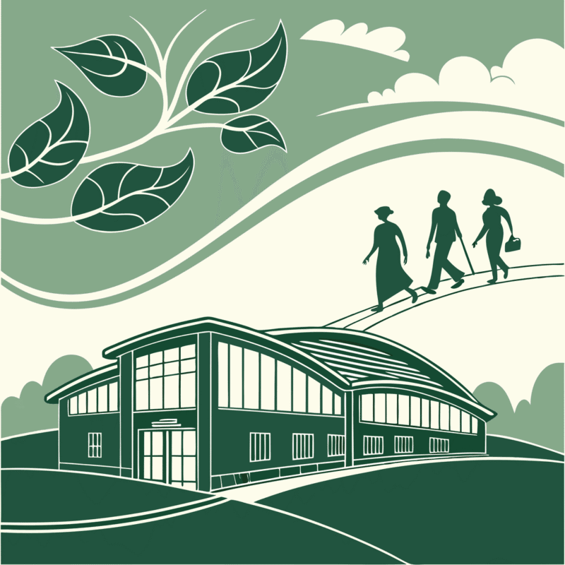 Abstract green illustration representing hospice care advisor collaboration in mergers and acquisitions. SovDoc healthcare M&A services connect medical practices with essential CPA and financial advisors through the transition process.