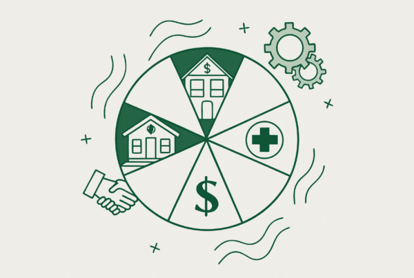 Stylized illustration for SovDoc healthcare M&A firm showing CPA advisor's role in memory care center acquisitions, featuring symbolic elements of healthcare facilities, financial data, and legal aspects of medical practice mergers and acquisitions.