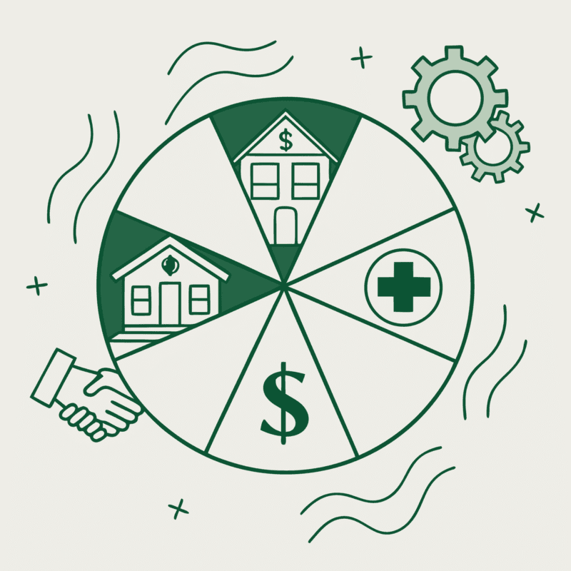 Stylized illustration for SovDoc healthcare M&A firm showing CPA advisor's role in memory care center acquisitions, featuring symbolic elements of healthcare facilities, financial data, and legal aspects of medical practice mergers and acquisitions.