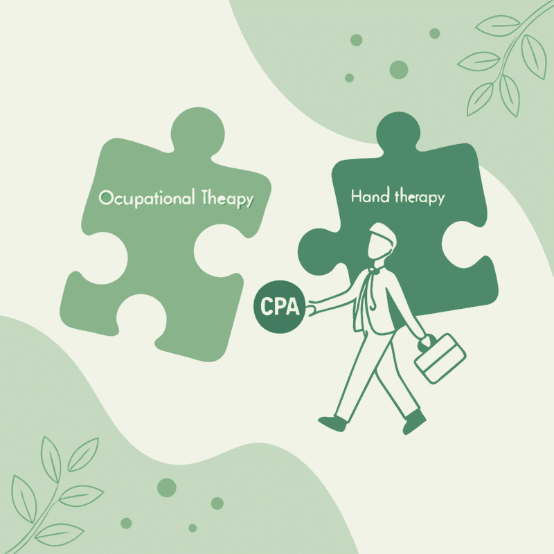 Illustration of puzzle pieces representing Occupational Therapy and Hand Therapy connecting through CPA expertise - SovDoc healthcare M&A advisory for medical practice mergers in therapy specialties