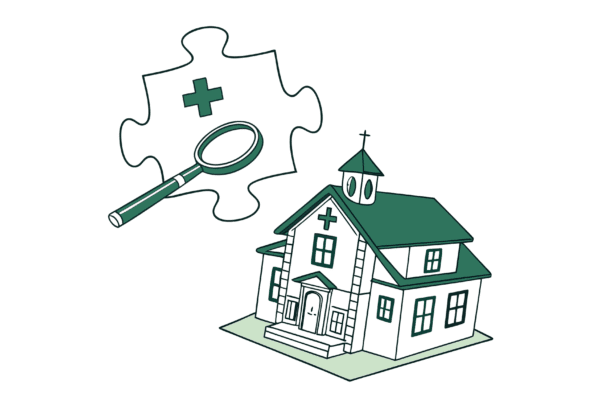 Illustration of a school and clinic building merged as puzzle pieces with a magnifying glass and growth chart, symbolizing SovDoc's expertise in school and community-based ABA practice mergers, acquisitions, and due diligence services for healthcare providers.