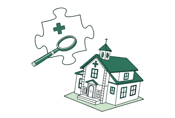 Illustration of a school and clinic building merged as puzzle pieces with a magnifying glass and growth chart, symbolizing SovDoc's expertise in school and community-based ABA practice mergers, acquisitions, and due diligence services for healthcare providers.