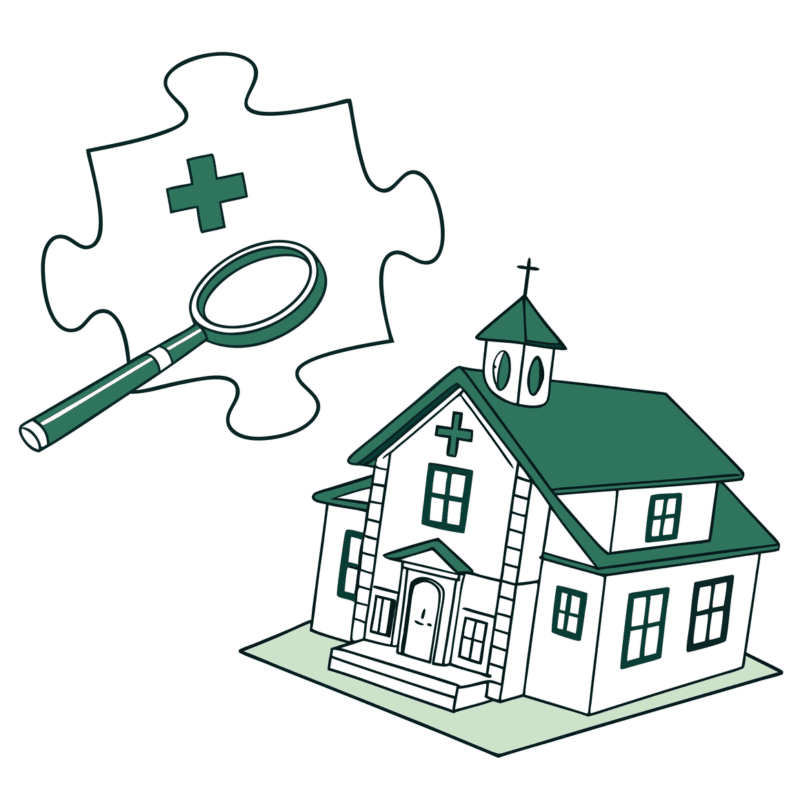 Illustration of a school and clinic building merged as puzzle pieces with a magnifying glass and growth chart, symbolizing SovDoc's expertise in school and community-based ABA practice mergers, acquisitions, and due diligence services for healthcare providers.