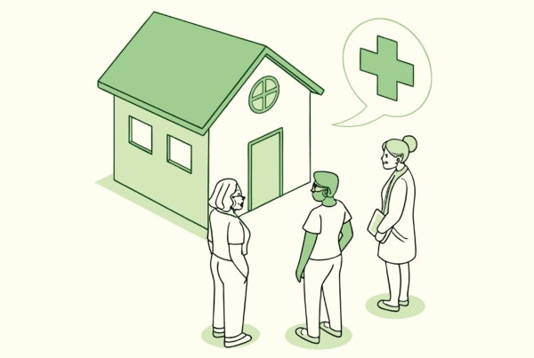 SovDoc healthcare M&A illustration showing CPAs collaborating around a skilled nursing facility with financial growth symbols, representing advisory services for SNF practice acquisitions and mergers.