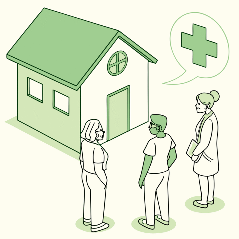 SovDoc healthcare M&A illustration showing CPAs collaborating around a skilled nursing facility with financial growth symbols, representing advisory services for SNF practice acquisitions and mergers.