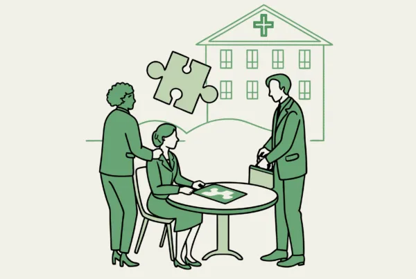 Healthcare professionals discuss assisted living facility acquisitions and mergers at SovDoc, represented by business figures around a table with financial growth indicators and healthcare symbols - representing healthcare M&A advisory services.