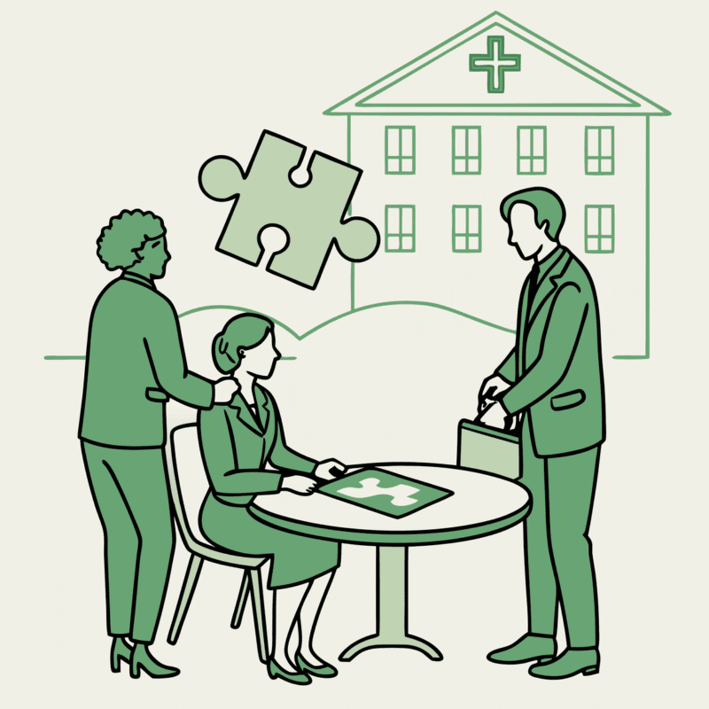 Healthcare professionals discuss assisted living facility acquisitions and mergers at SovDoc, represented by business figures around a table with financial growth indicators and healthcare symbols - representing healthcare M&A advisory services.