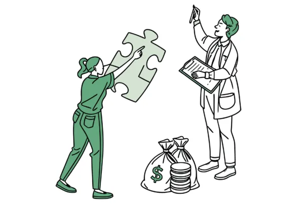 Illustration depicting ABA therapy clinic acquisition - green figures representing clinic staff collaborating with offwhite figures representing financial advisors across a connecting puzzle piece, symbolizing strategic healthcare M&A partnerships. SovDoc supports clinic-based ABA therapy practice transitions and valuation.