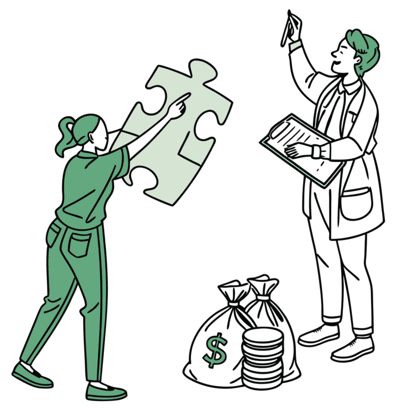 Illustration depicting ABA therapy clinic acquisition - green figures representing clinic staff collaborating with offwhite figures representing financial advisors across a connecting puzzle piece, symbolizing strategic healthcare M&A partnerships. SovDoc supports clinic-based ABA therapy practice transitions and valuation.