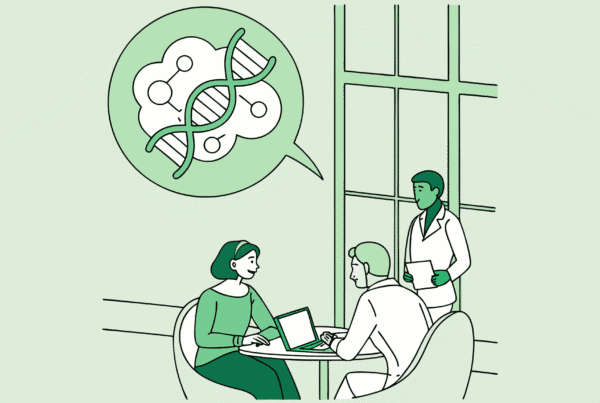 SovDoc healthcare M&A illustration depicting financial planners and a geriatric behavioral health practitioner collaborating in a modern boardroom, with stylized DNA and brain imagery representing the intersection of financial planning and behavioral health in medical practice mergers and acquisitions.