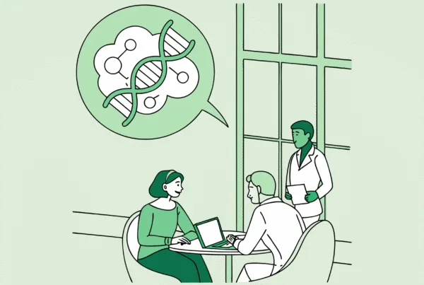 SovDoc healthcare M&A illustration depicting financial planners and a geriatric behavioral health practitioner collaborating in a modern boardroom, with stylized DNA and brain imagery representing the intersection of financial planning and behavioral health in medical practice mergers and acquisitions.
