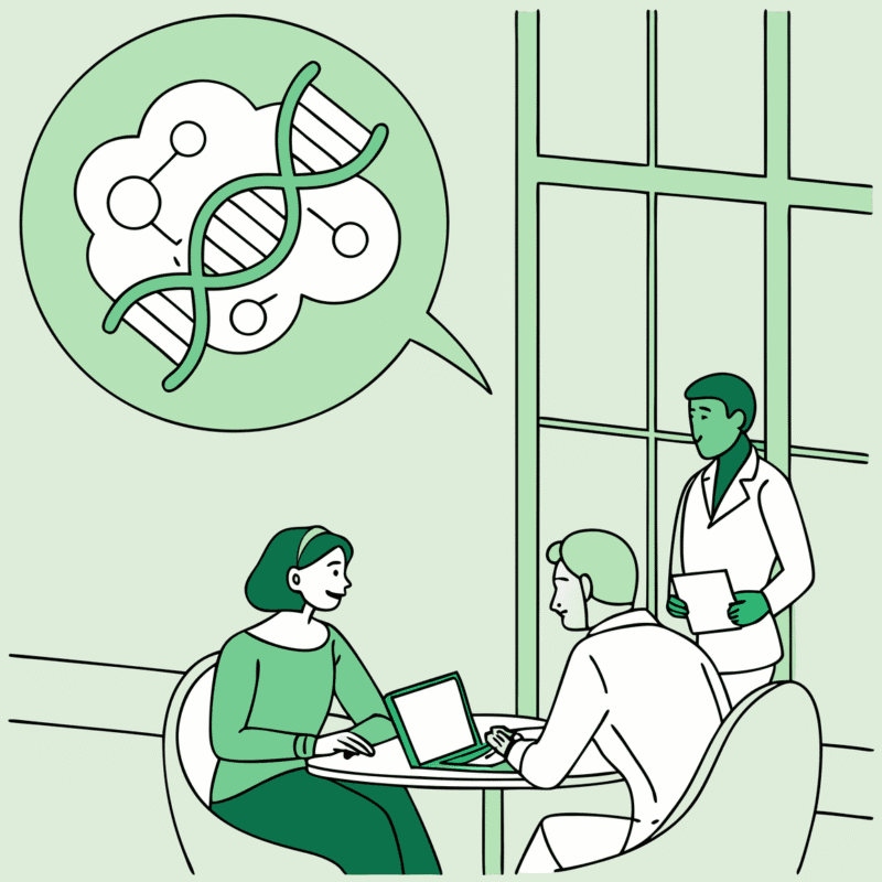 SovDoc healthcare M&A illustration depicting financial planners and a geriatric behavioral health practitioner collaborating in a modern boardroom, with stylized DNA and brain imagery representing the intersection of financial planning and behavioral health in medical practice mergers and acquisitions.