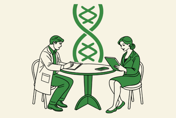 Minimalist illustration of financial planners and hospice care professionals meeting at a DNA-shaped table discussing medical practice M&A, with growth metrics displayed - representing SovDoc's healthcare merger and acquisition advisory services for hospice care organizations.
