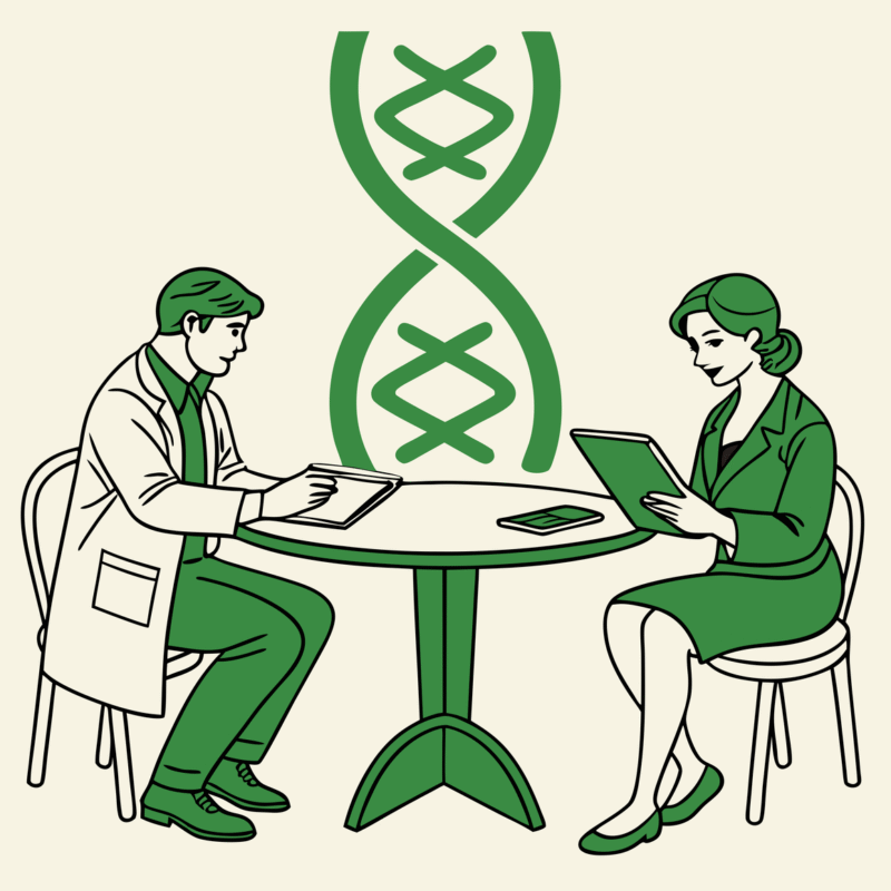 Minimalist illustration of financial planners and hospice care professionals meeting at a DNA-shaped table discussing medical practice M&A, with growth metrics displayed - representing SovDoc's healthcare merger and acquisition advisory services for hospice care organizations.