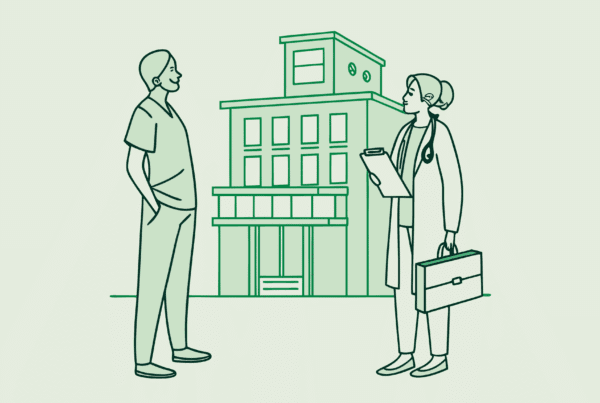 Minimalist vector illustration depicting a financial planner and healthcare administrator on either side of a memory care facility with a merger symbol between them. Representing healthcare M&A advisory services for memory care centers by SovDoc.