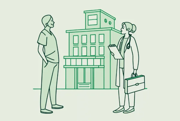 Minimalist vector illustration depicting a financial planner and healthcare administrator on either side of a memory care facility with a merger symbol between them. Representing healthcare M&A advisory services for memory care centers by SovDoc.