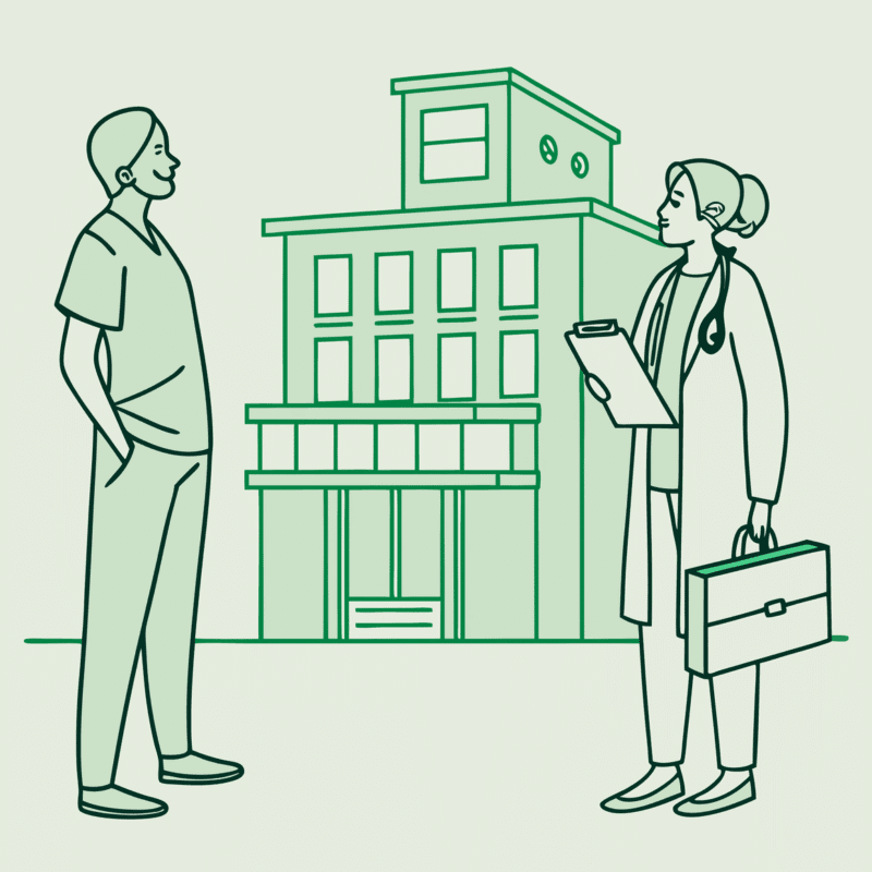 Minimalist vector illustration depicting a financial planner and healthcare administrator on either side of a memory care facility with a merger symbol between them. Representing healthcare M&A advisory services for memory care centers by SovDoc.
