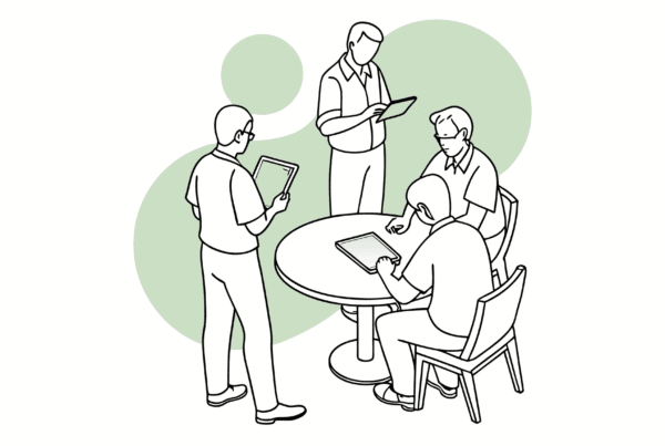 Stylized healthcare professionals collaborating at a round table during a medical practice merger discussion, representing SovDoc's advisory services for Financial Planners in Occupational & Hand Therapy acquisitions.