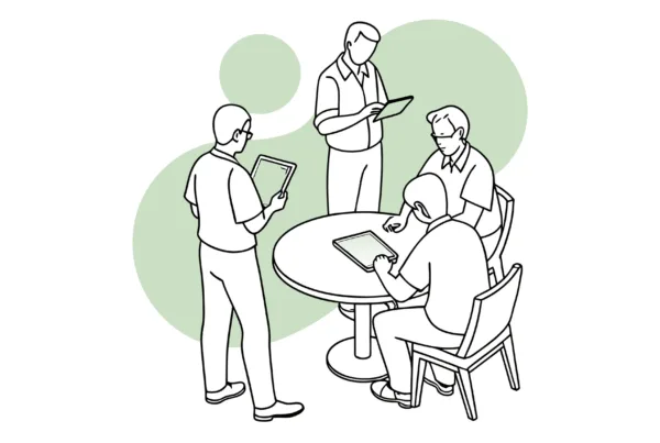 Stylized healthcare professionals collaborating at a round table during a medical practice merger discussion, representing SovDoc's advisory services for Financial Planners in Occupational & Hand Therapy acquisitions.