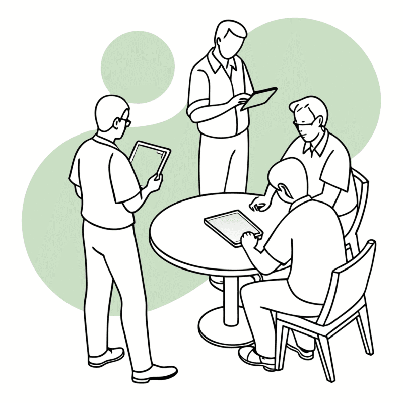 Stylized healthcare professionals collaborating at a round table during a medical practice merger discussion, representing SovDoc's advisory services for Financial Planners in Occupational & Hand Therapy acquisitions.