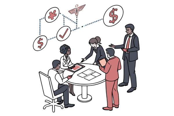 Modern illustration of financial advisors discussing healthcare M&A strategies at SovDoc, specialists in palliative care practice mergers and acquisitions. Business professionals analyze medical facility integration projections and value-based care opportunities.