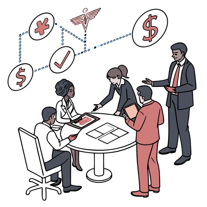 Modern illustration of financial advisors discussing healthcare M&A strategies at SovDoc, specialists in palliative care practice mergers and acquisitions. Business professionals analyze medical facility integration projections and value-based care opportunities.