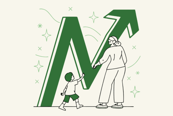 Abstract illustration of merging M and A shapes with pediatric care symbol and upward growth graph, representing SovDoc's expertise in pediatric physical therapy practice mergers and acquisitions.