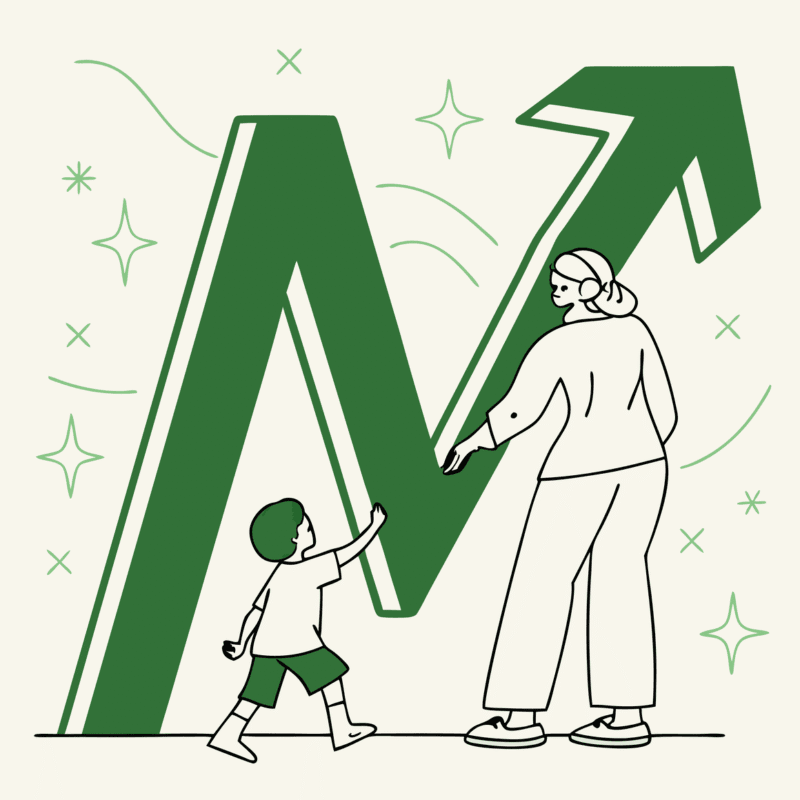 Abstract illustration of merging M and A shapes with pediatric care symbol and upward growth graph, representing SovDoc's expertise in pediatric physical therapy practice mergers and acquisitions.