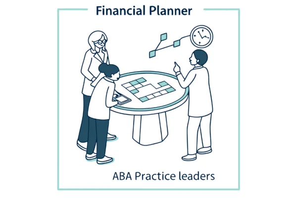 Minimalist illustration of financial planners discussing ABA medical practice mergers and acquisitions around a flowchart table, with merging puzzle pieces symbolizing practice integration. SovDoc's healthcare M&A advisory services support school and community-based ABA practice leaders through strategic transactions.