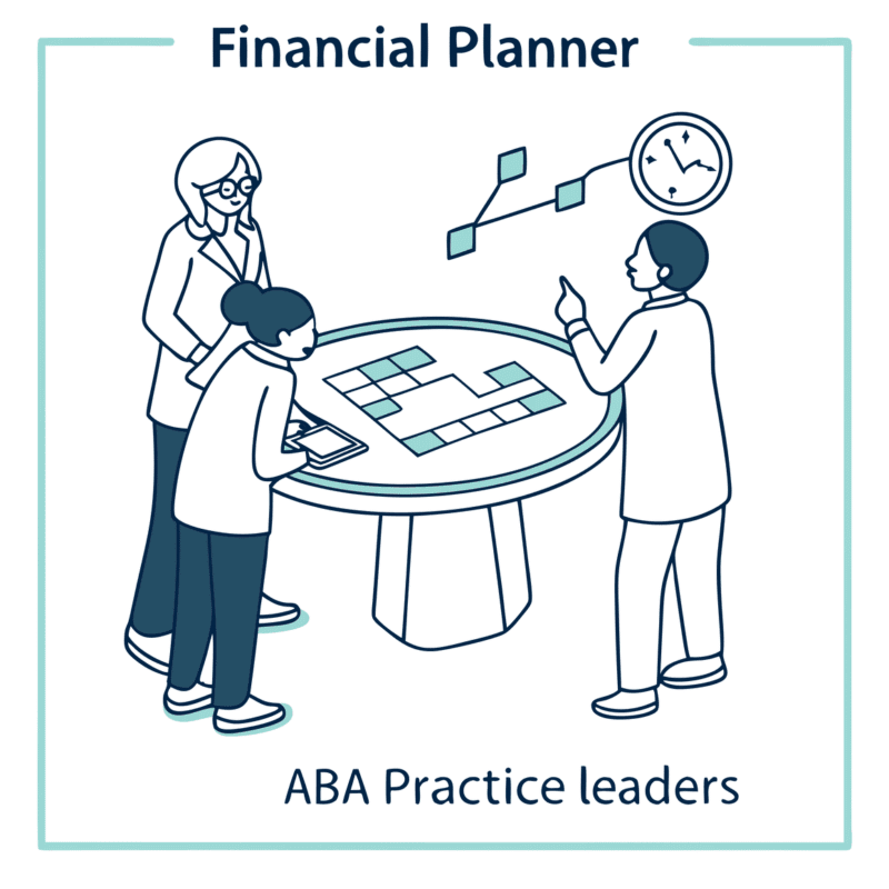 Minimalist illustration of financial planners discussing ABA medical practice mergers and acquisitions around a flowchart table, with merging puzzle pieces symbolizing practice integration. SovDoc's healthcare M&A advisory services support school and community-based ABA practice leaders through strategic transactions.