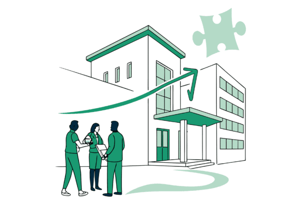 SovDoc illustration of skilled nursing facility M&A advisory services, showing financial growth potential in SNF practice acquisitions and mergers with strategic partnership elements