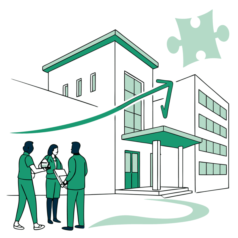 SovDoc illustration of skilled nursing facility M&A advisory services, showing financial growth potential in SNF practice acquisitions and mergers with strategic partnership elements