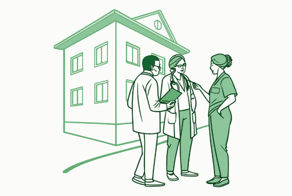 Stylized vector illustration of healthcare professionals discussing assisted living facility acquisitions, with abstract merger symbolism and a facility outline - SovDoc healthcare M&A advisors specializing in ALF mergers and practice acquisitions.