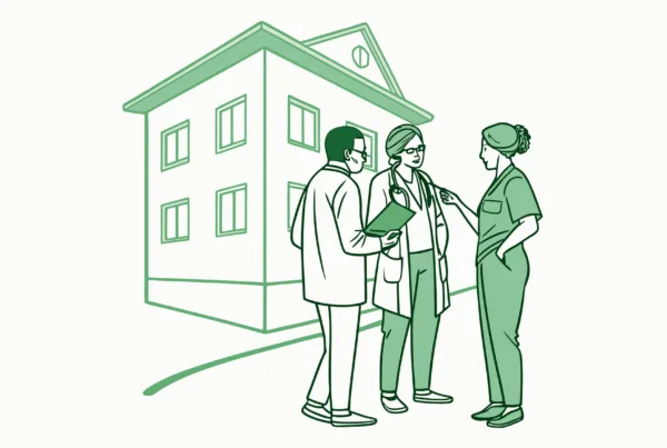 Stylized vector illustration of healthcare professionals discussing assisted living facility acquisitions, with abstract merger symbolism and a facility outline - SovDoc healthcare M&A advisors specializing in ALF mergers and practice acquisitions.