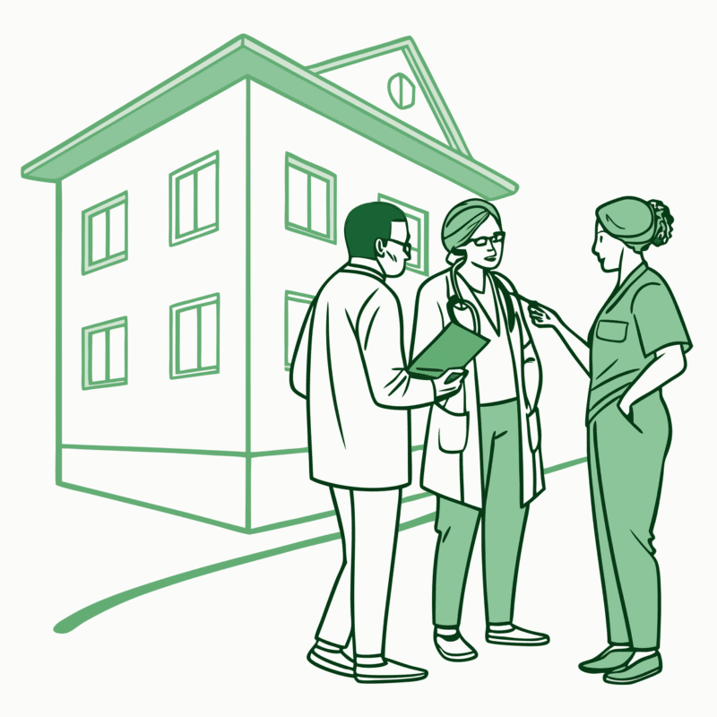 Stylized vector illustration of healthcare professionals discussing assisted living facility acquisitions, with abstract merger symbolism and a facility outline - SovDoc healthcare M&A advisors specializing in ALF mergers and practice acquisitions.