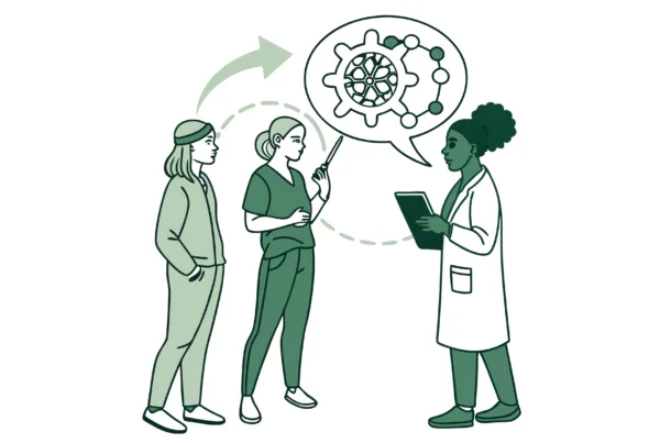 Stylized illustration of healthcare consultants collaborating on ABA therapy clinic mergers and acquisitions, featuring figures around a brain-shaped roundtable examining growth trends and clinic models - representing SovDoc's healthcare M&A advisory services in the behavioral health sector.