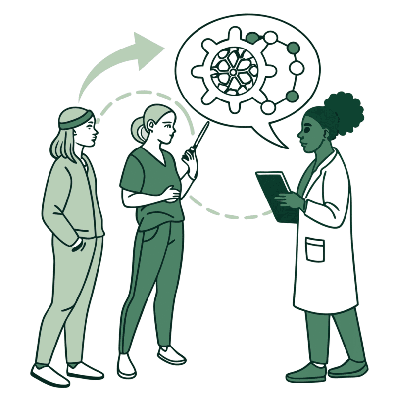 Stylized illustration of healthcare consultants collaborating on ABA therapy clinic mergers and acquisitions, featuring figures around a brain-shaped roundtable examining growth trends and clinic models - representing SovDoc's healthcare M&A advisory services in the behavioral health sector.