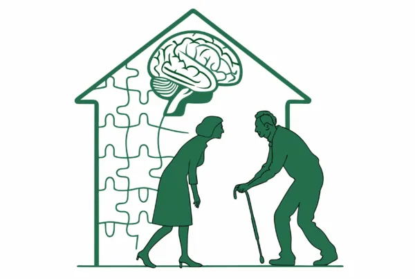 Illustration representing healthcare M&A for geriatric behavioral health practices - SovDoc advisory services for senior care facility mergers and acquisitions, showing symbolic integration of elderly patient care into consolidated healthcare structures.