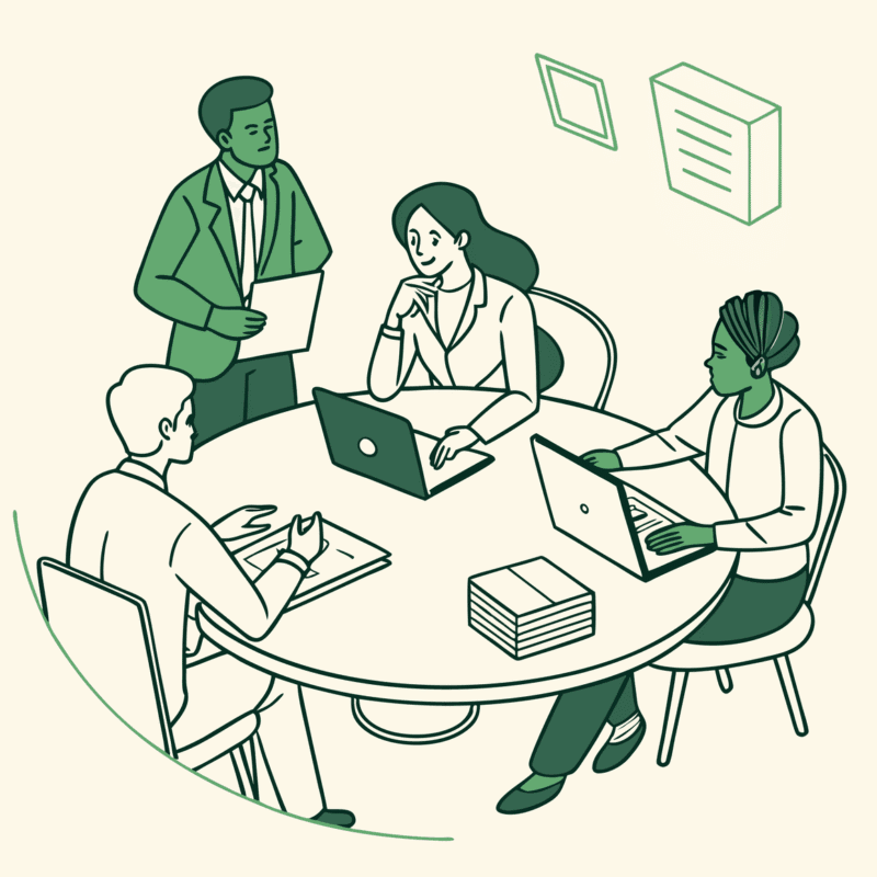 SovDoc healthcare consultants discussing hospice care mergers and acquisitions around a conference table, representing collaborative strategic planning in healthcare M&A.