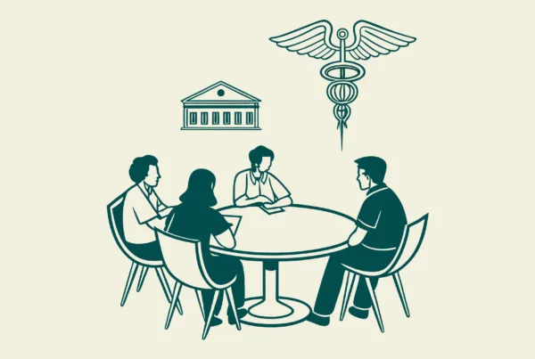Stylized illustration of healthcare consultants at a roundtable discussing memory care center mergers and acquisitions, featuring collaborative negotiations and strategic planning. SovDoc healthcare M&A consultancy supporting medical practice transitions in specialized care facilities.