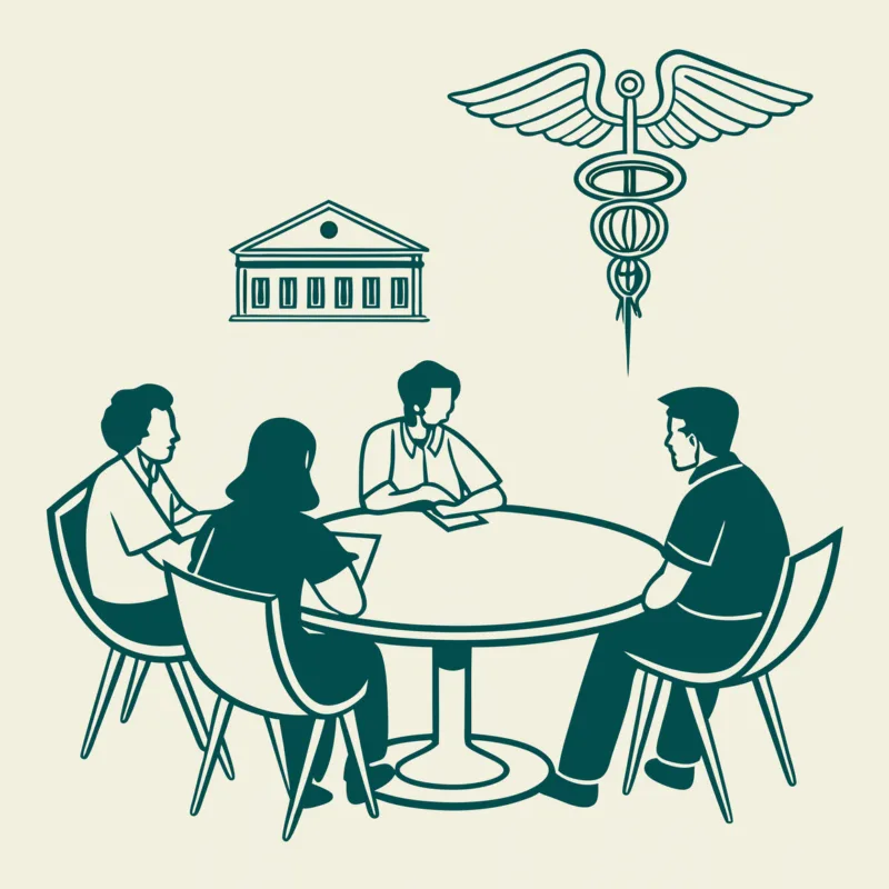 Stylized illustration of healthcare consultants at a roundtable discussing memory care center mergers and acquisitions, featuring collaborative negotiations and strategic planning. SovDoc healthcare M&A consultancy supporting medical practice transitions in specialized care facilities.