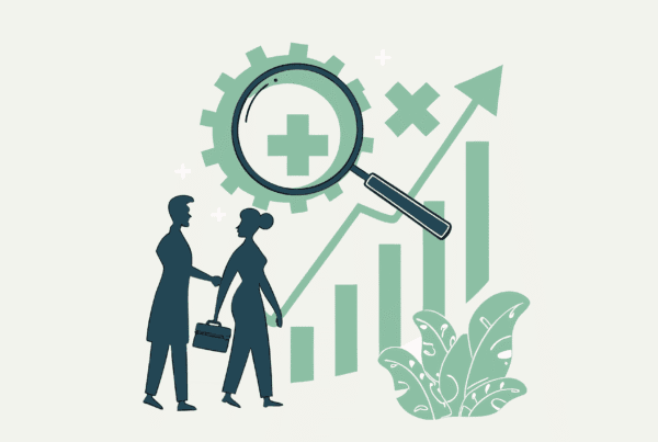 SovDoc healthcare M&A illustration showing a professional handshake between seller and buyer silhouettes with medical symbol, representing occupational and hand therapy practice mergers and acquisitions consulting services.